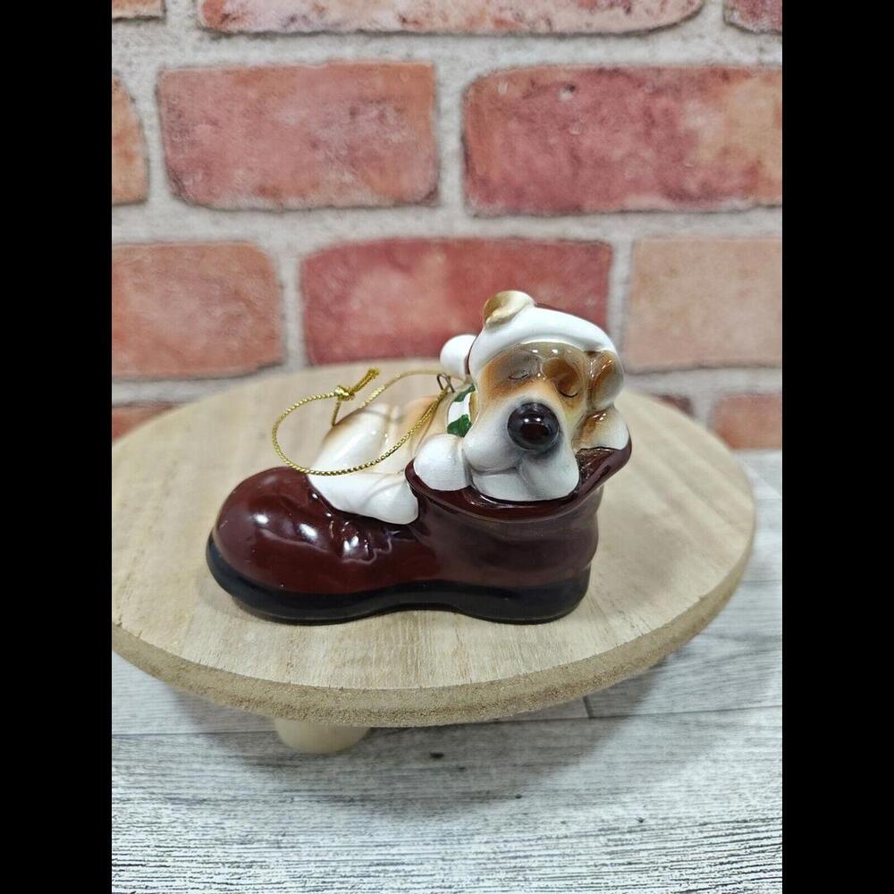 Chase International Art Sleeping Hound Dog On Shoe Christmas Ornament Vintage